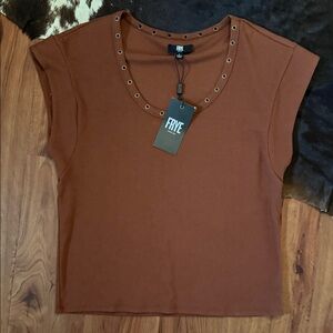 Frye Women's Short Sleeve Brown Tee with Grommet Neckline